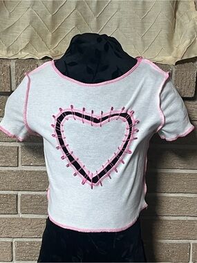 White Heart Crop Top with Safety Pins